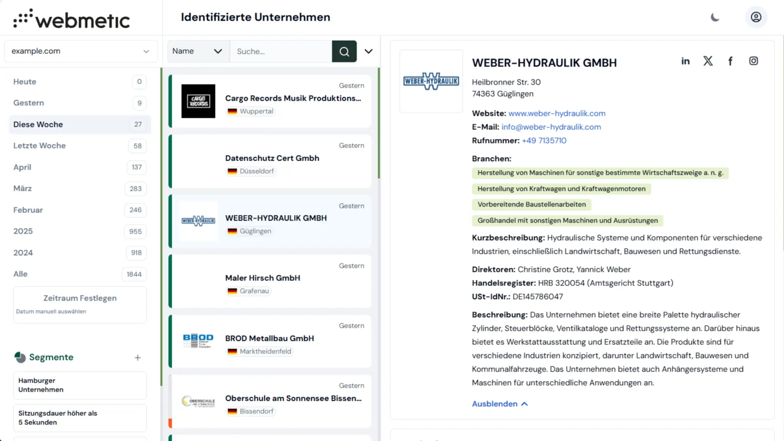 Webmetic Company Intelligence Dashboard zeigt Echtzeit-Identifikation von B2B-Besuchern
