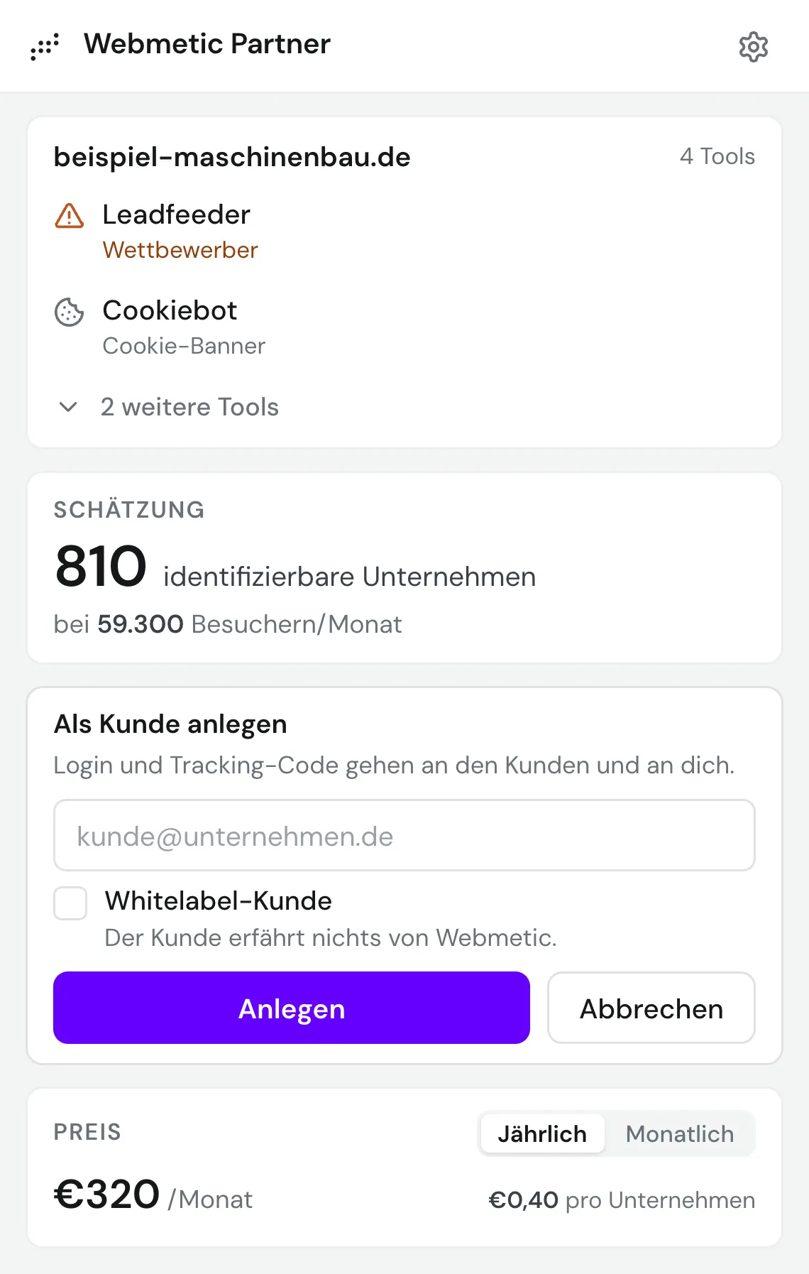The sign-up form with an email field and the white-label checkbox