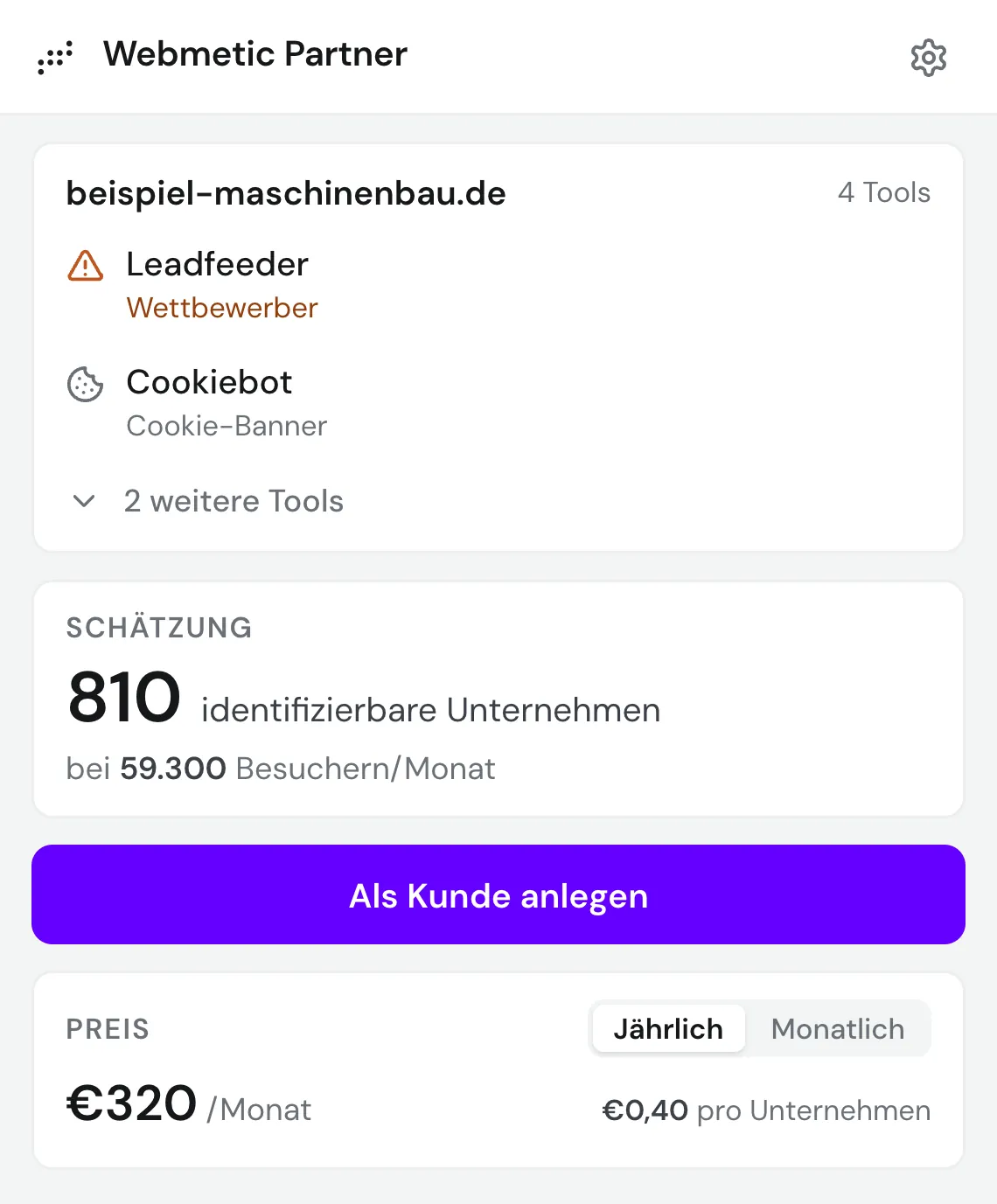 The Webmetic partner plugin showing a site's identifiable companies, the price and the button to sign the customer up