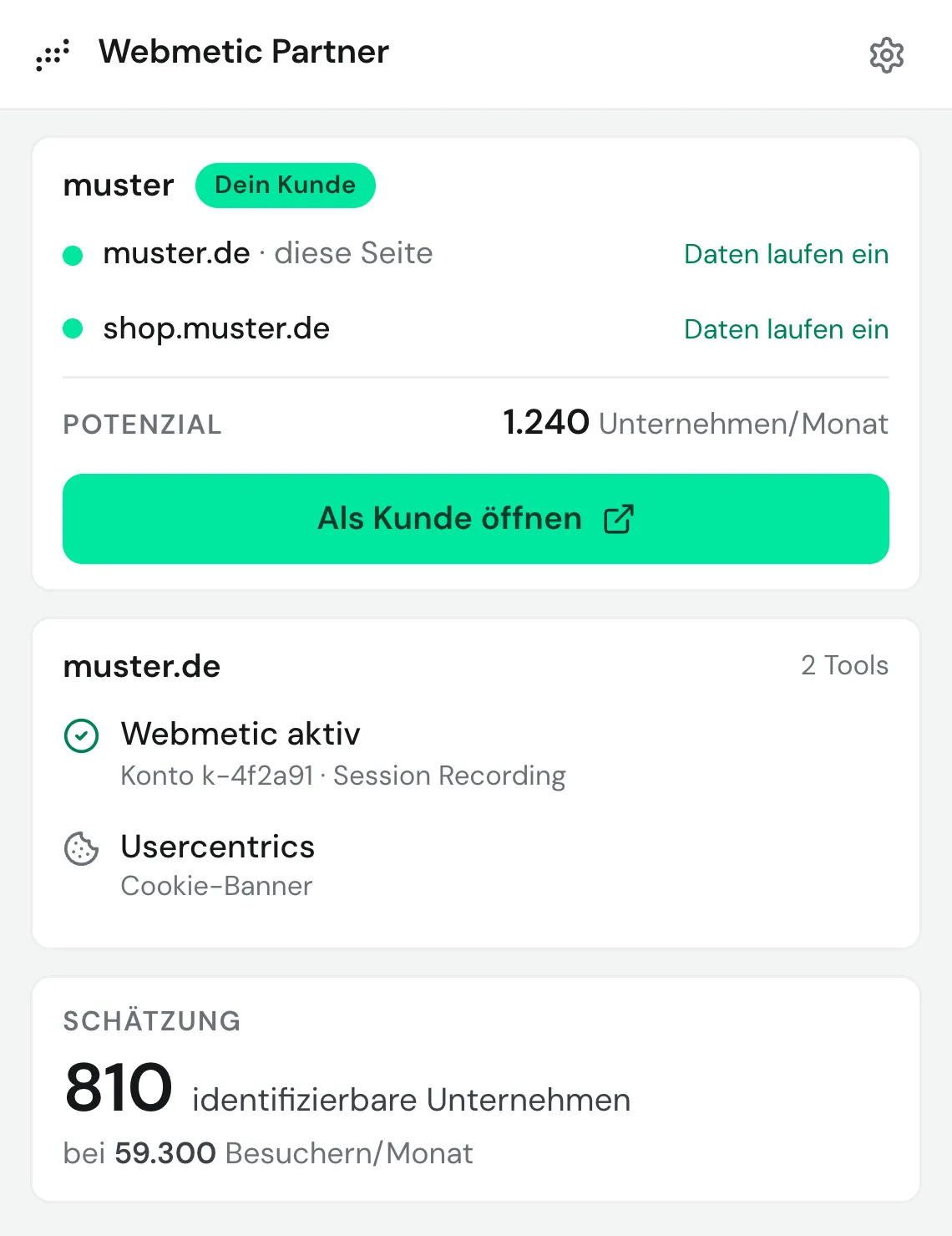 The extension on an existing customer's website, showing the account with two websites and their tracking status