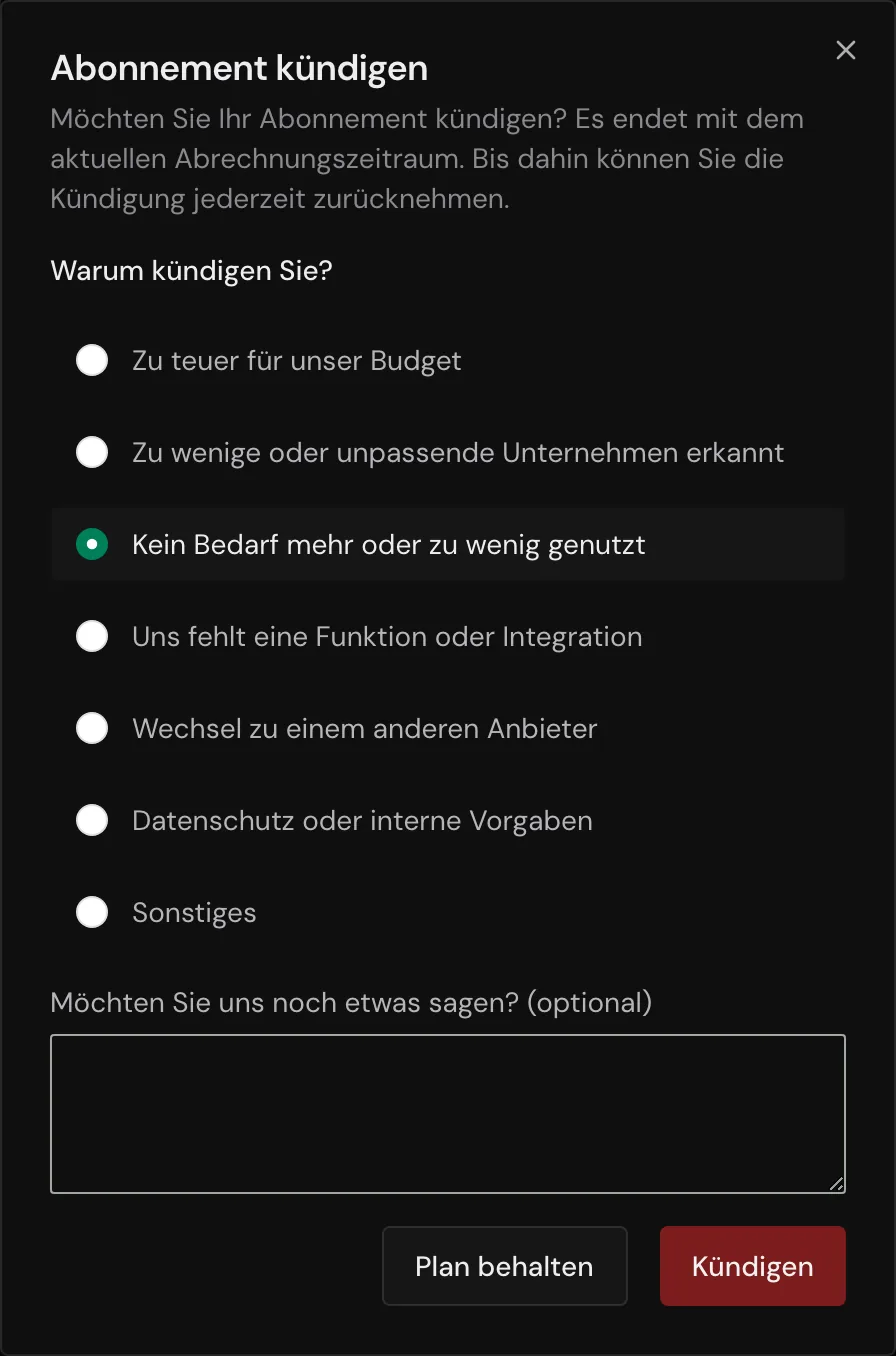 Das Fenster Abonnement kündigen mit einem ausgewählten Grund