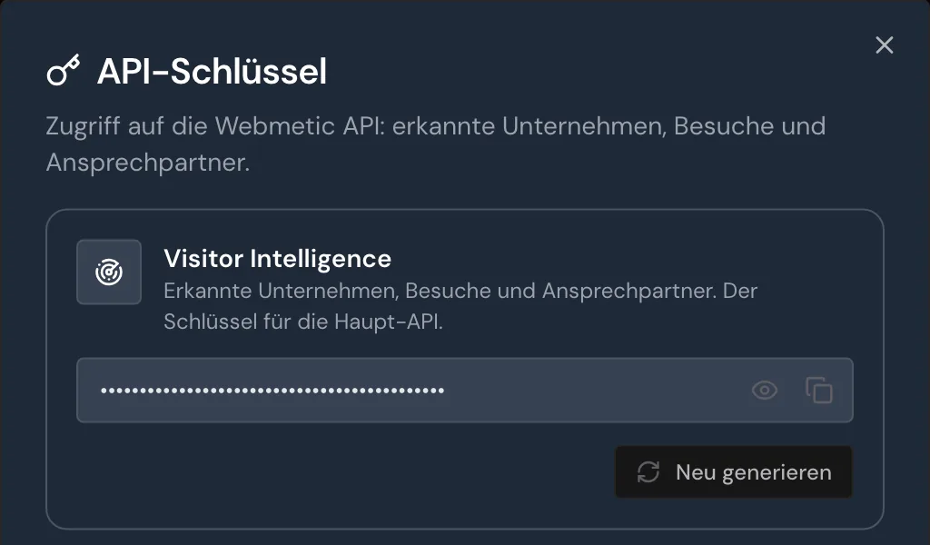 Das Fenster API-Schlüssel mit der Karte Visitor Intelligence und verdecktem Schlüssel