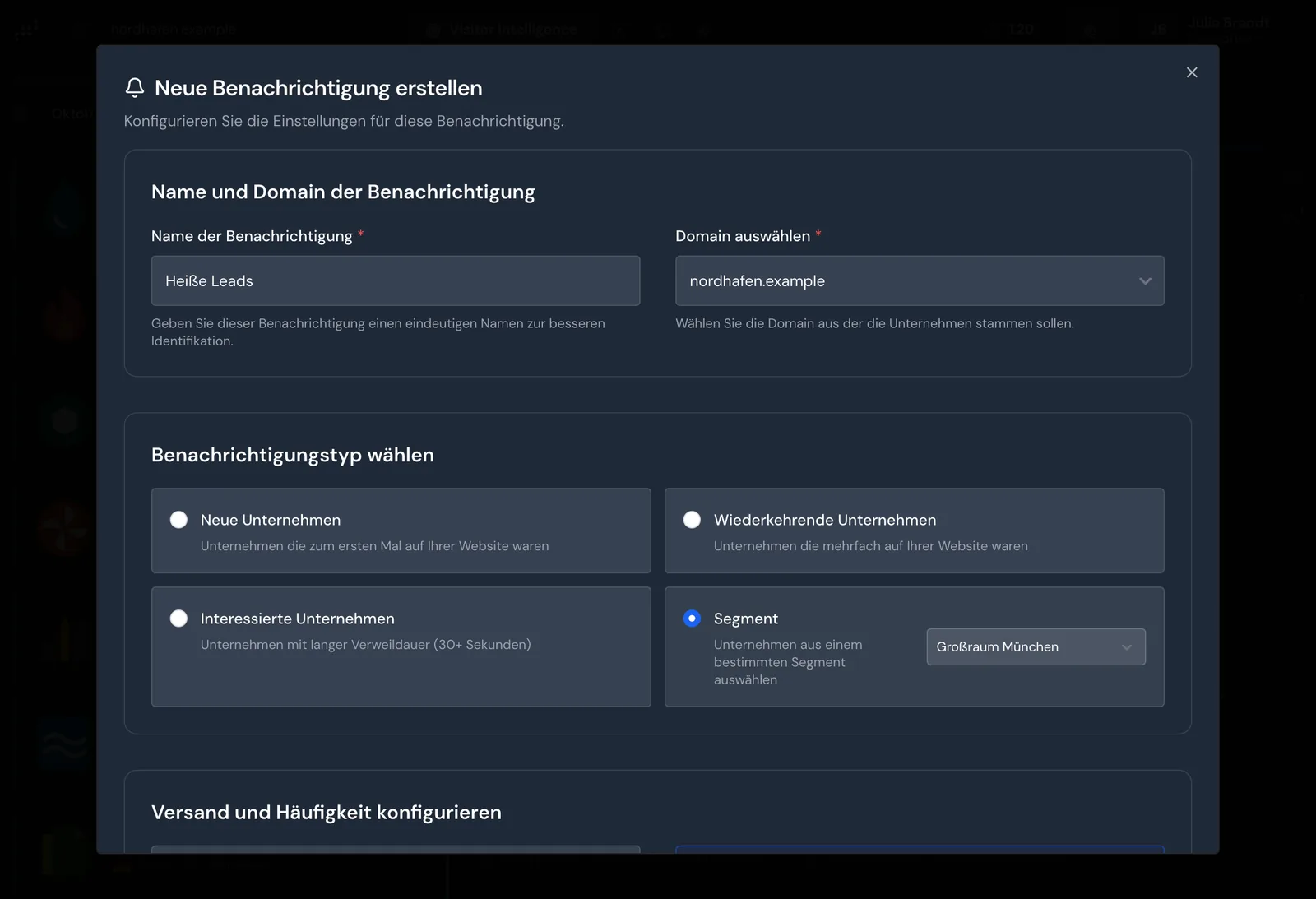 Eine neue Benachrichtigung vom Typ Segment mit dem Segment Großraum München