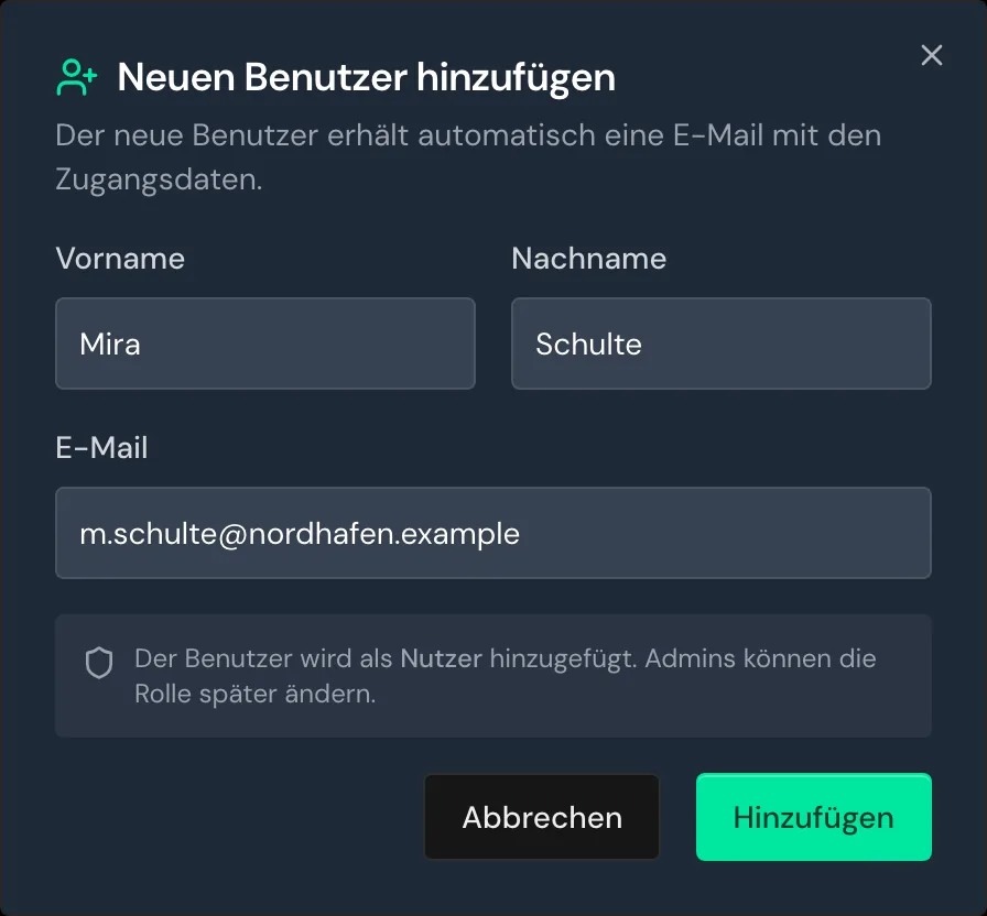 Das Fenster Neuen Benutzer hinzufügen mit Vorname, Nachname und E-Mail