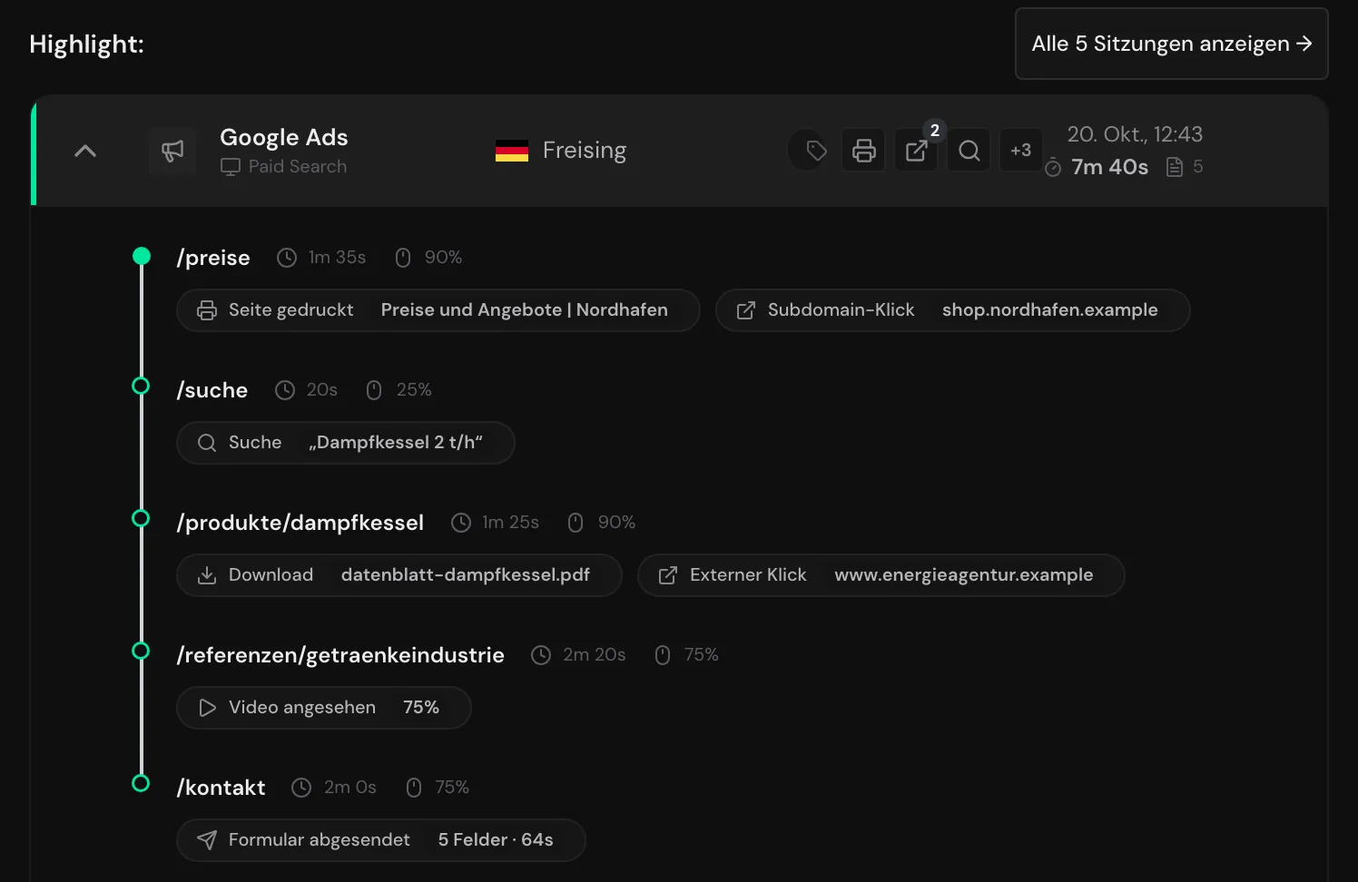 Das Profil von Bergquell Mineralbrunnen mit dem Highlight und der Schaltfläche Alle 5 Sitzungen anzeigen