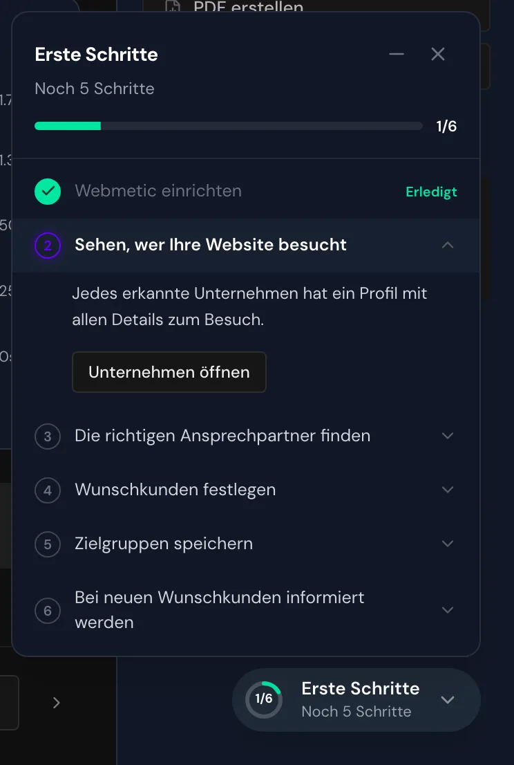 Die Checkliste Erste Schritte mit sechs Schritten, einer davon erledigt