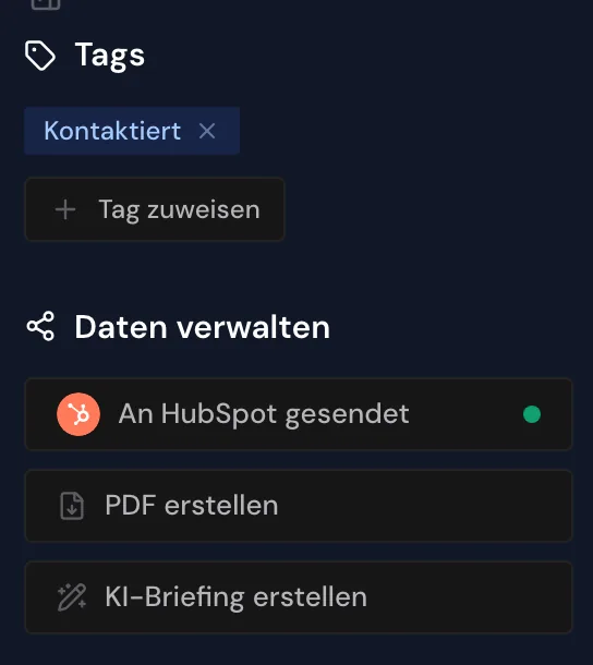 Die Schaltfläche An HubSpot gesendet mit grünem Punkt