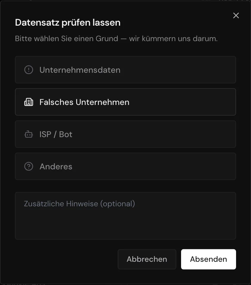 Das Fenster Datensatz prüfen lassen mit den vier Gründen