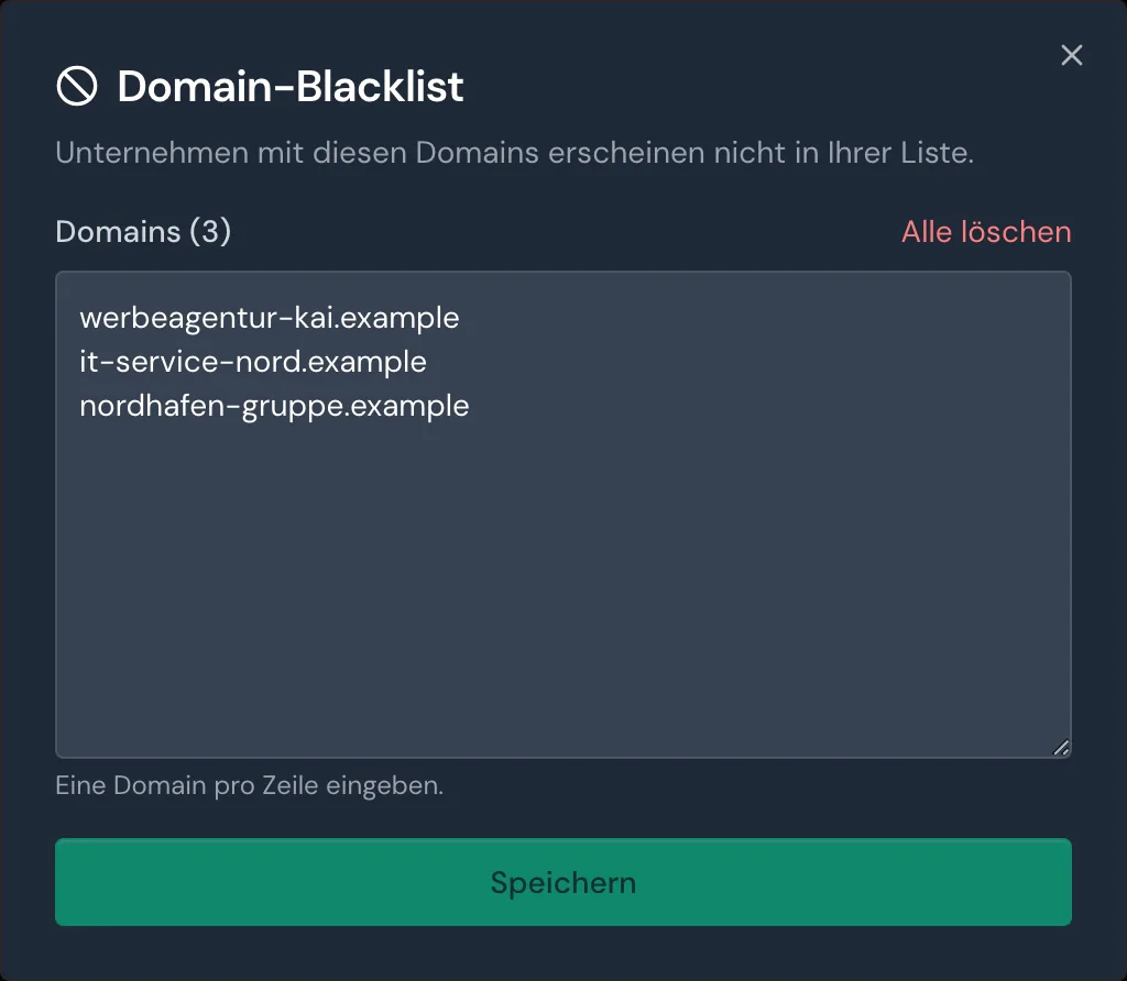 Das Fenster Domain-Blacklist mit drei gespeicherten Domains