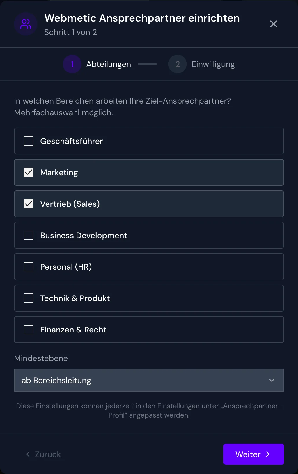 Der Schritt Abteilungen mit Marketing, Vertrieb und der Mindestebene ab Bereichsleitung