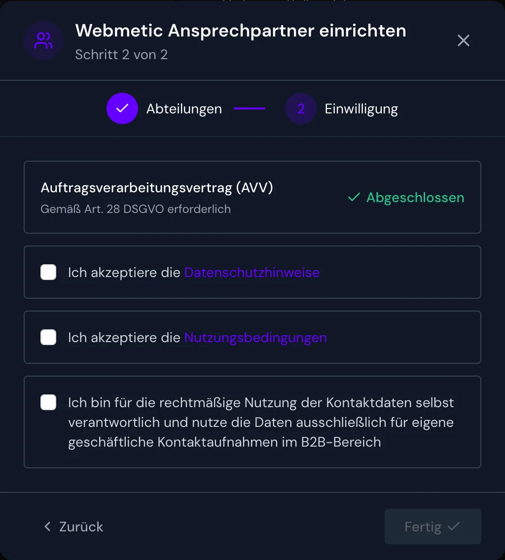 Der Schritt Einwilligung mit dem AV-Vertrag und den drei Kästchen