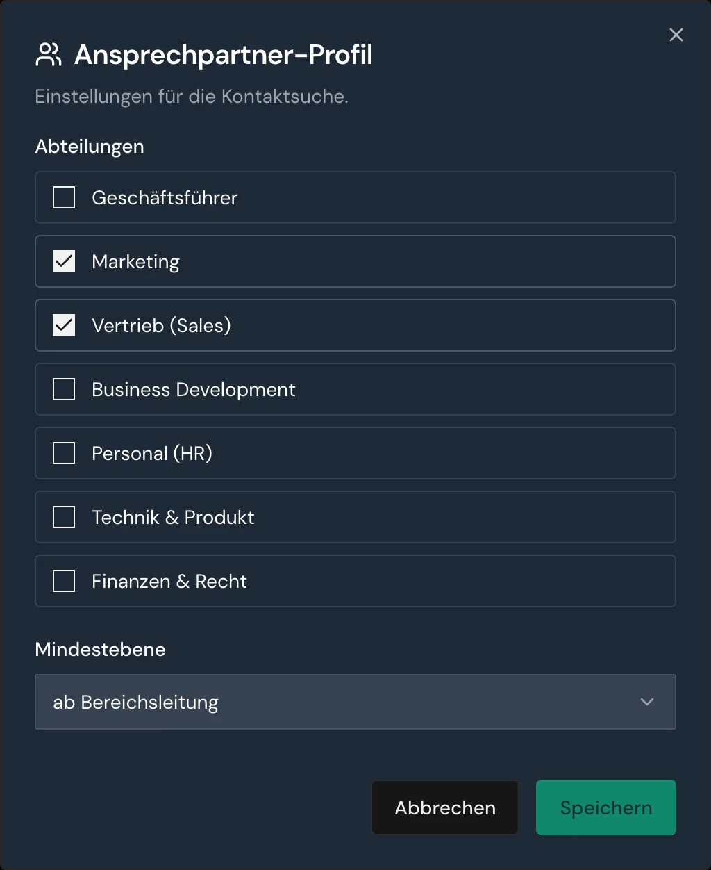 Das Ansprechpartner-Profil mit zwei Abteilungen und der Mindestebene