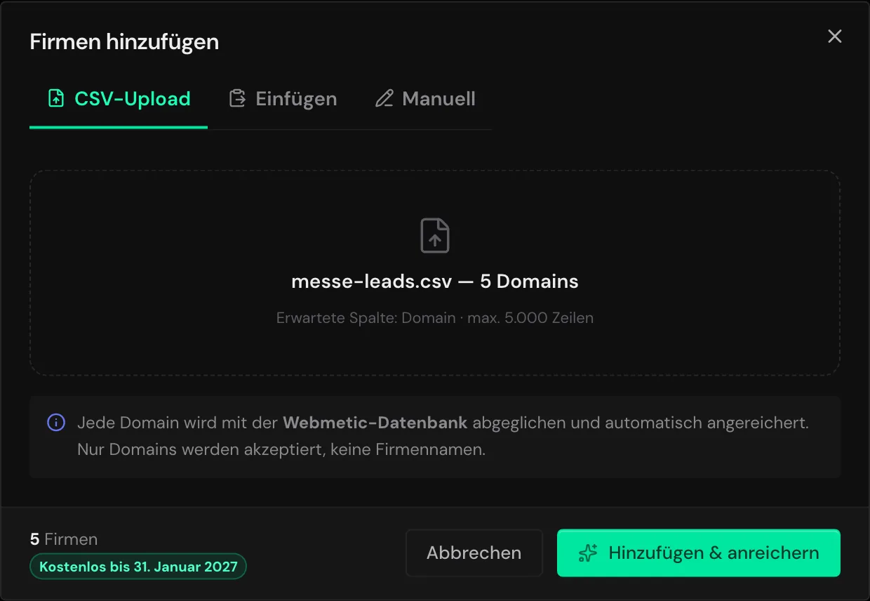 Der Dialog Firmen hinzufügen mit der Datei messe-leads.csv und fünf Domains