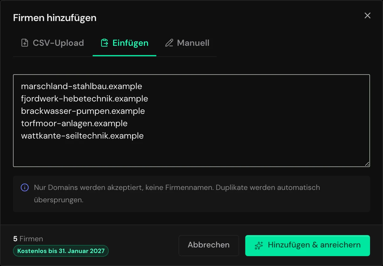 Der Tab Einfügen mit fünf Domains, eine pro Zeile