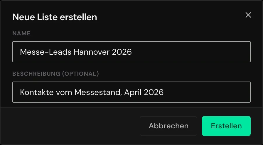 Der Dialog Neue Liste erstellen mit Name und Beschreibung