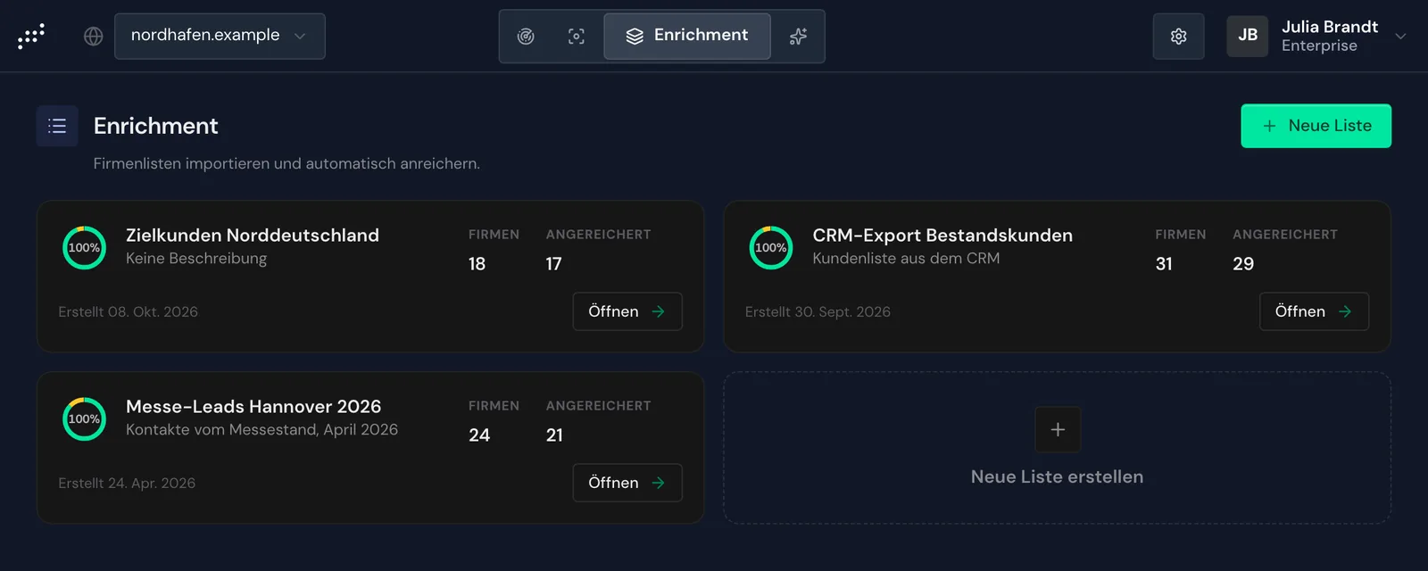 Die Seite Enrichment mit drei Listen und der Karte Neue Liste erstellen