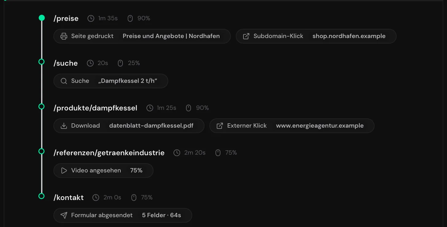 Ein aufgeklappter Besuch mit den Chips Download, Suche, Video angesehen, Seite gedruckt und Formular abgesendet