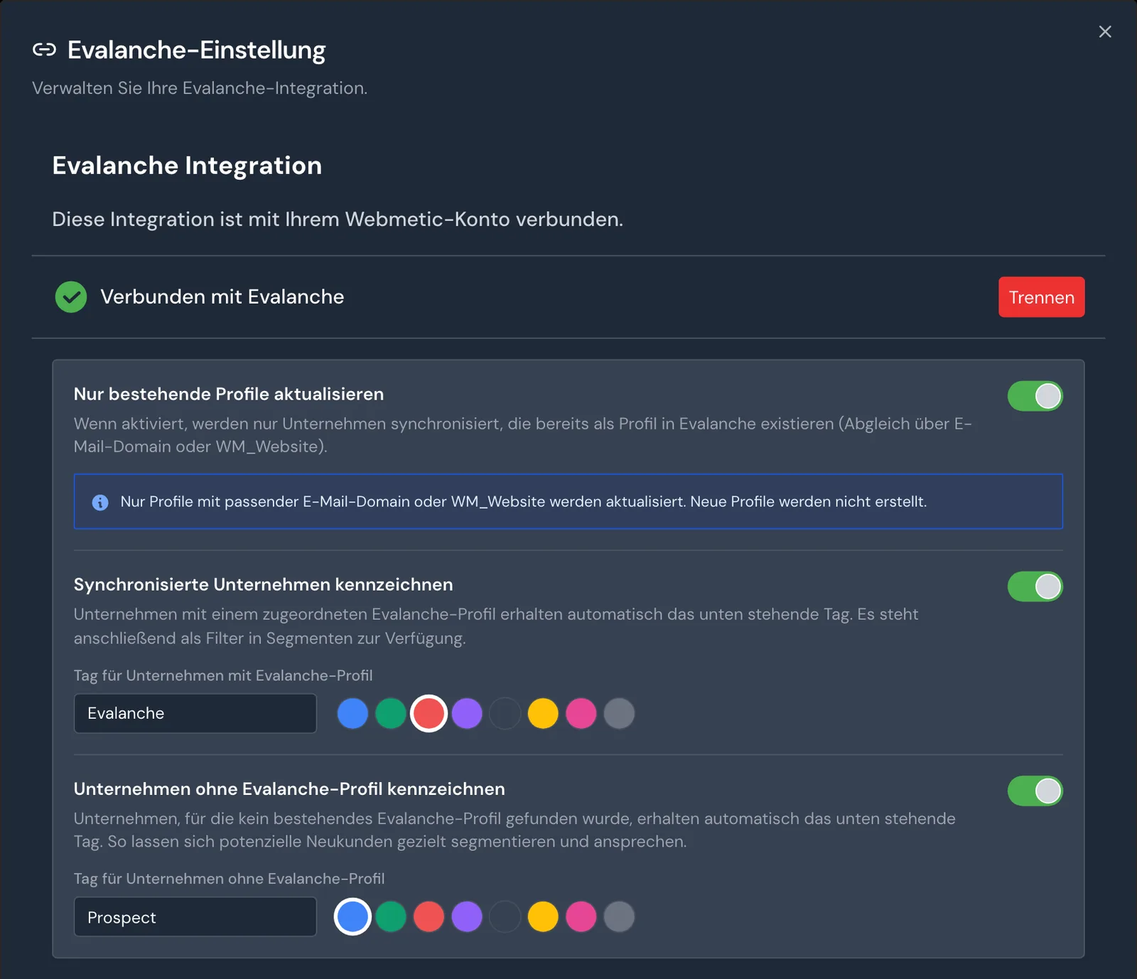 Das Fenster Evalanche-Einstellung mit eingeschaltetem Schalter Nur bestehende Profile aktualisieren und den Tags Evalanche und Prospect