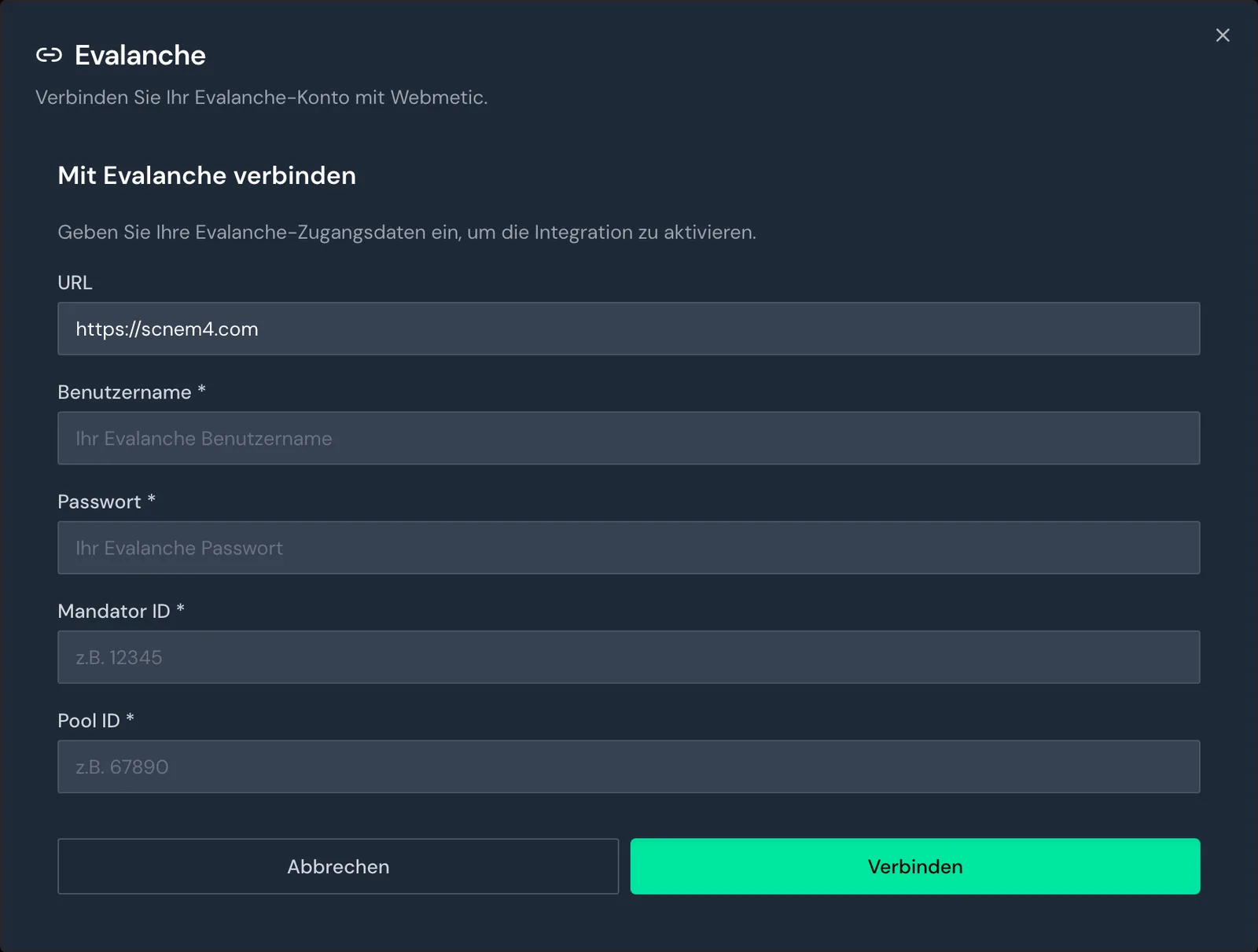 Das Formular Mit Evalanche verbinden mit den Feldern URL, Benutzername, Passwort, Mandator ID und Pool ID