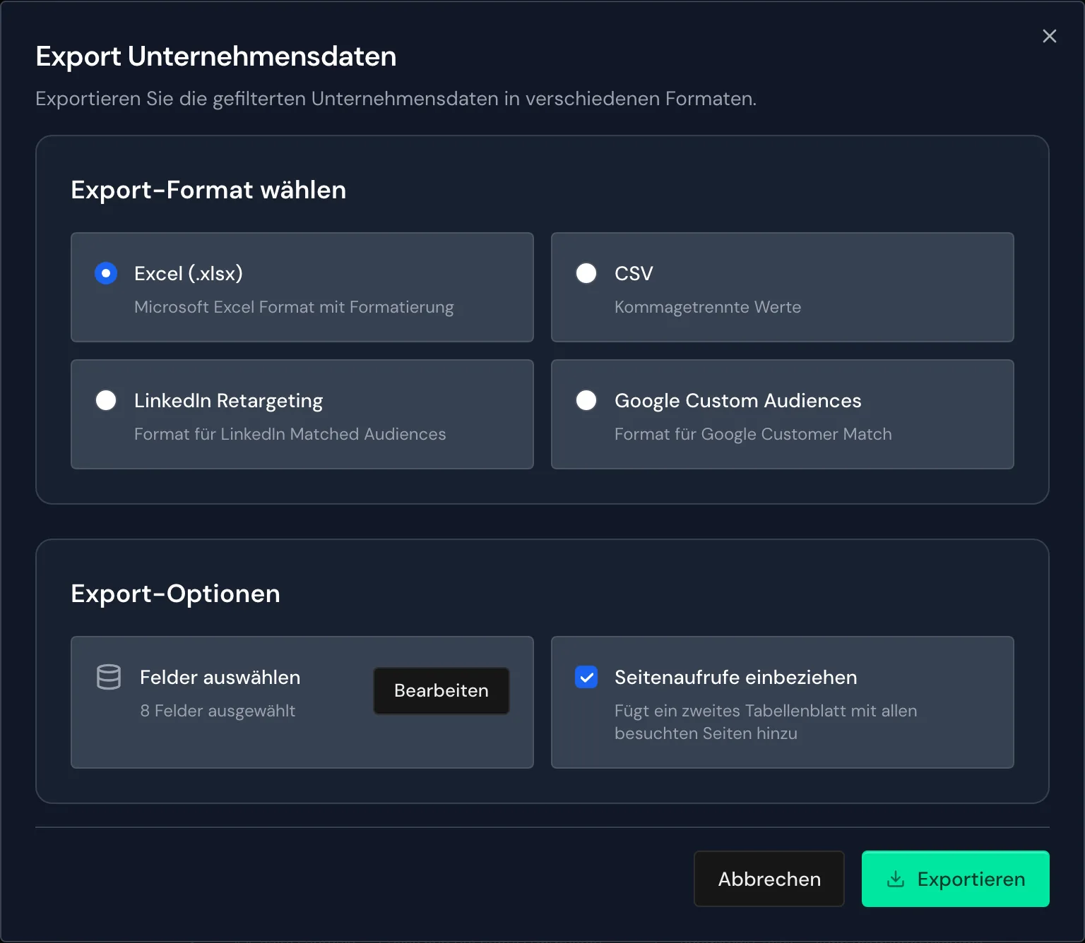 Das Fenster Export Unternehmensdaten mit Excel, acht Feldern und Seitenaufrufen
