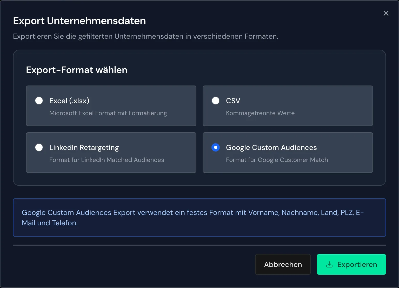 Das Fenster Export Unternehmensdaten mit dem Format Google Custom Audiences
