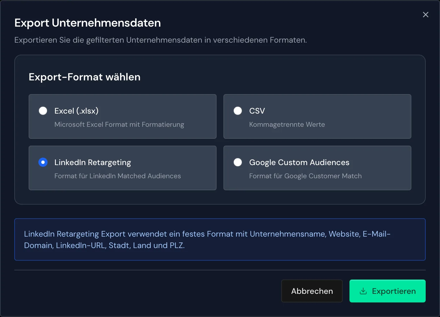 Das Fenster Export Unternehmensdaten mit dem Format LinkedIn Retargeting