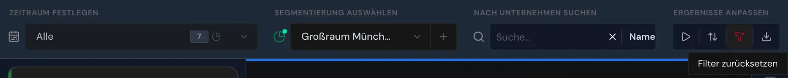 Die Filterleiste mit aktivem Segment, ausgegrautem Zeitraum und dem Symbol Filter zurücksetzen