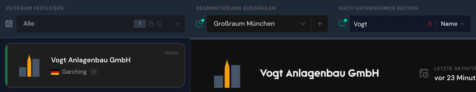 Das Segment Großraum München mit einer Suche nach Namen