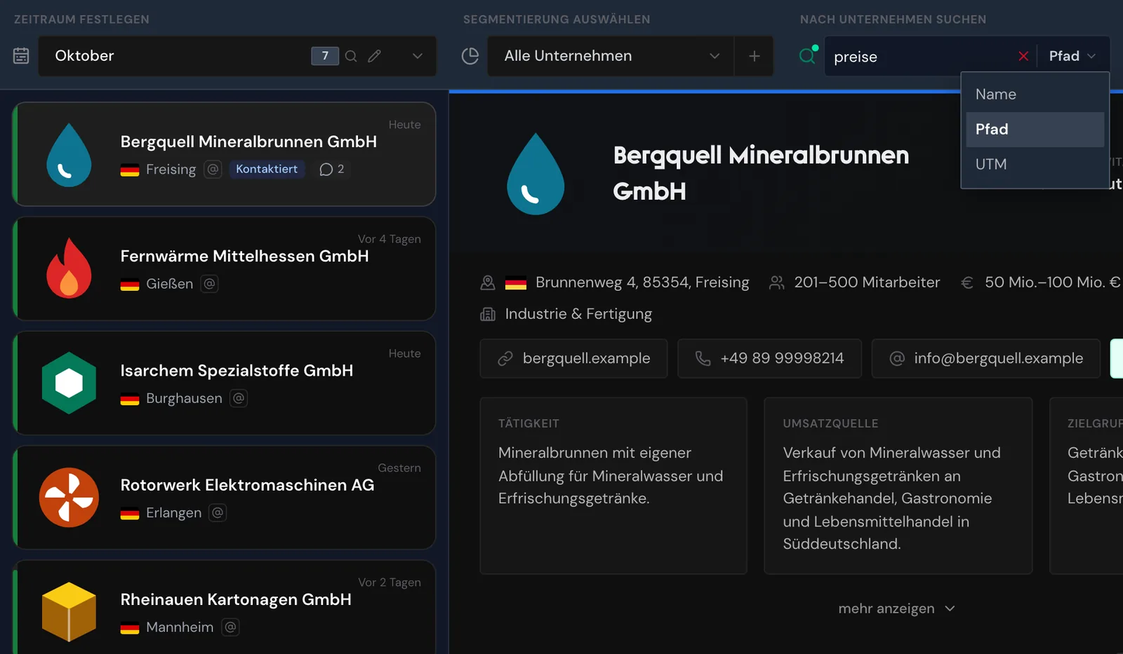 Die Suche im Modus Pfad mit den Unternehmen, die die Preisseite aufgerufen haben