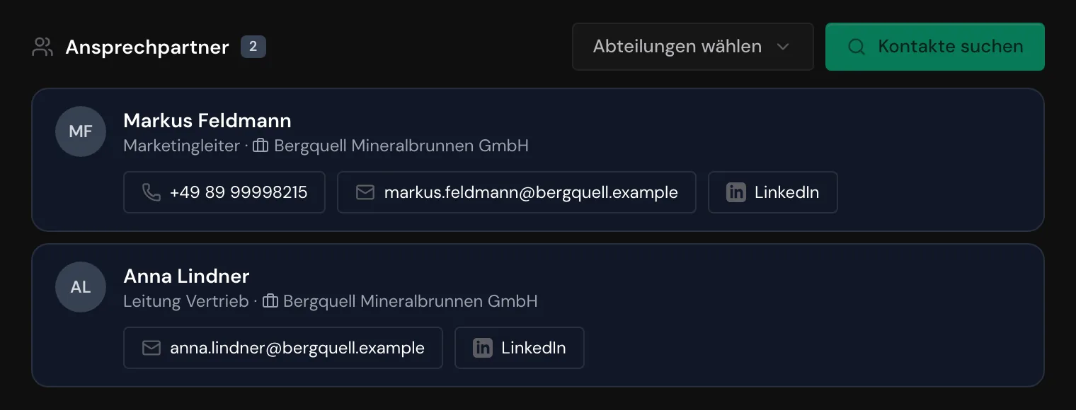Eine Ansprechperson mit freigeschalteter E-Mail-Adresse und LinkedIn-Profil