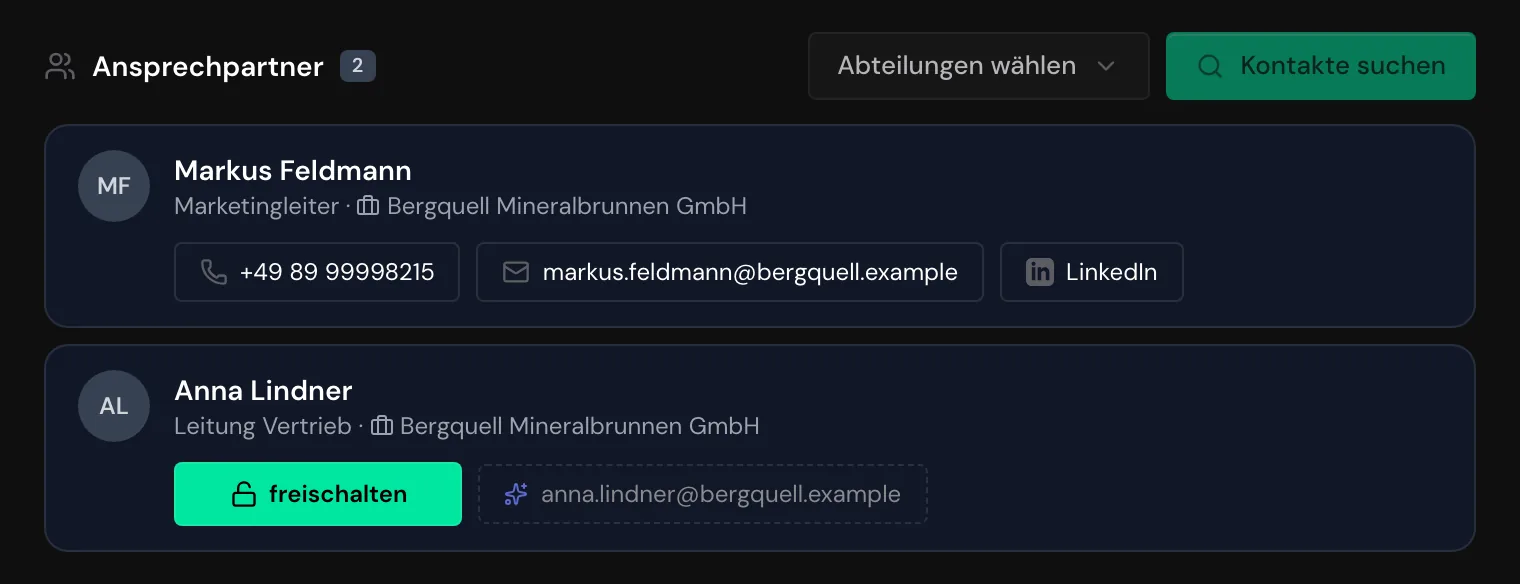 Die Schaltfläche freischalten neben einer generierten E-Mail-Adresse