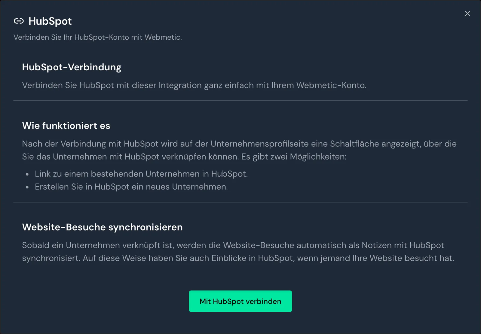Die HubSpot-Integration im Dashboard vor dem Verbinden