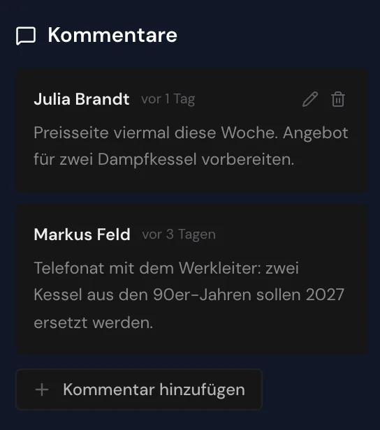 Ein eigener Kommentar mit den Symbolen Bearbeiten und Löschen