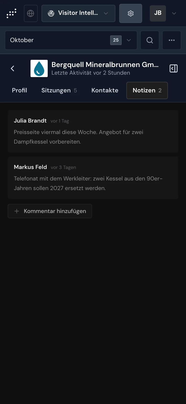 Das Unternehmensprofil auf dem Smartphone mit geöffnetem Tab Notizen