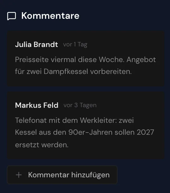 Der Bereich Kommentare mit zwei Kommentaren und der Schaltfläche Kommentar hinzufügen