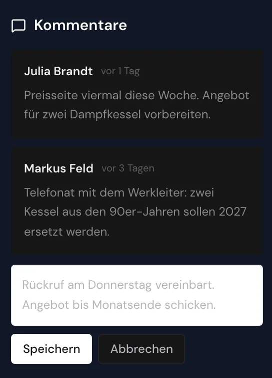 Das Textfeld für einen neuen Kommentar mit den Schaltflächen Speichern und Abbrechen