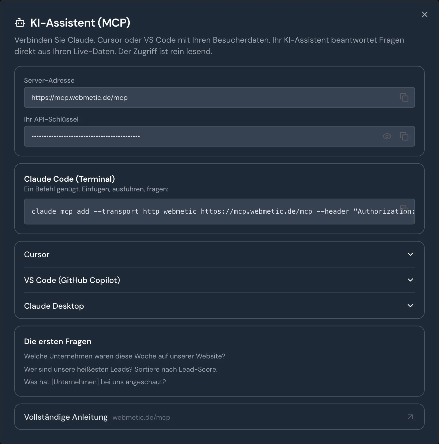 Das Fenster KI-Assistent (MCP) mit Server-Adresse und verdecktem API-Schlüssel