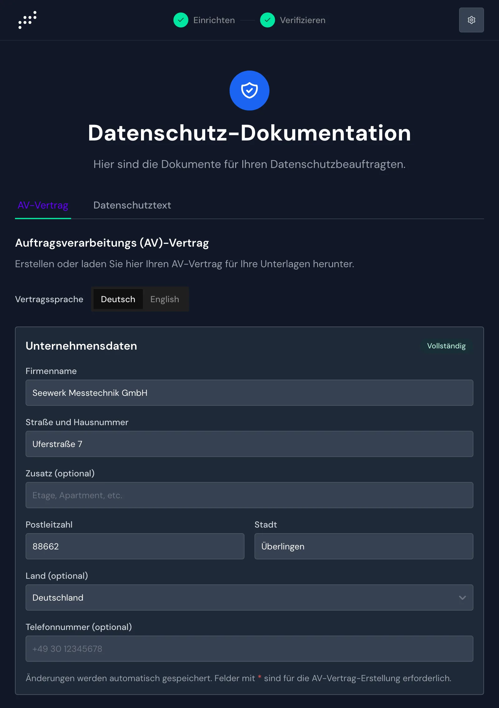 Die Datenschutz-Dokumentation mit dem Tab AV-Vertrag und den Unternehmensdaten