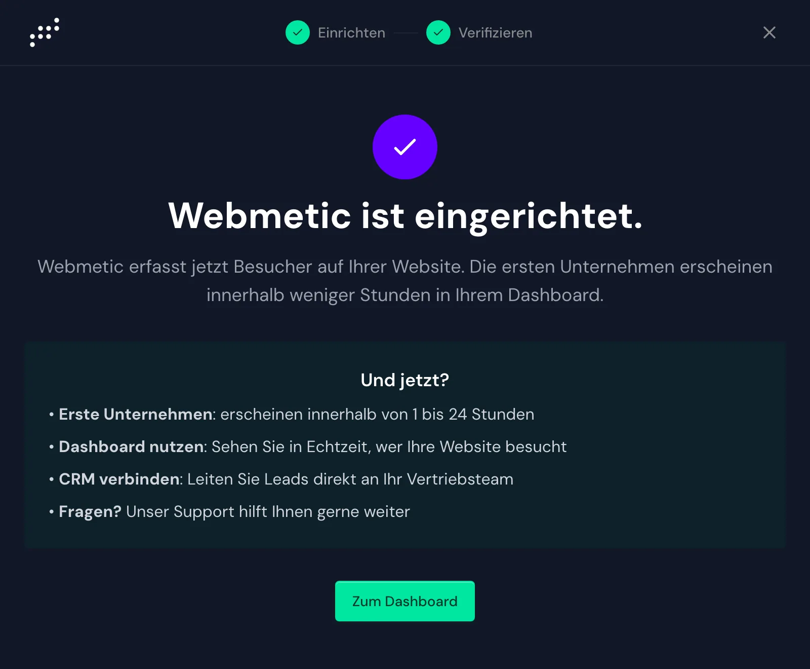 Der Assistent mit der Meldung Webmetic ist eingerichtet und der Schaltfläche Zum Dashboard