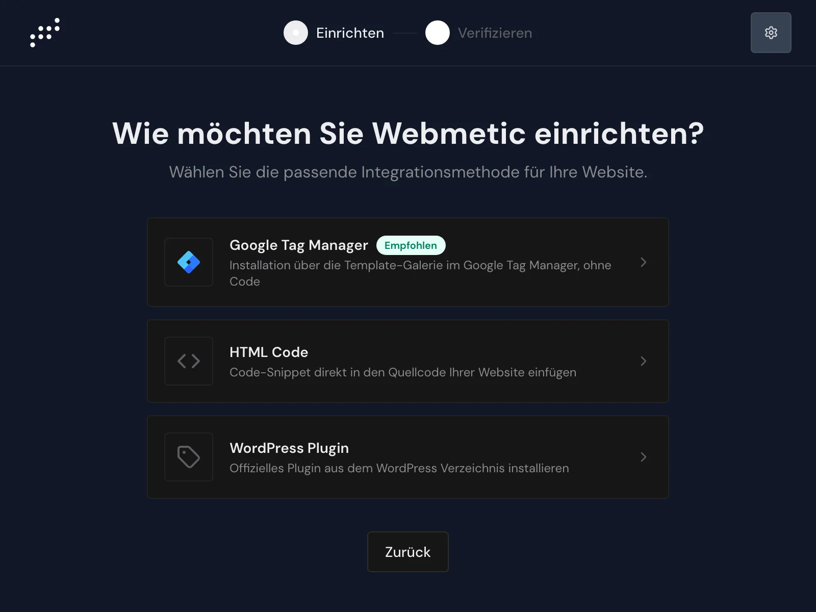 Die Auswahl der Methode mit Google Tag Manager als Empfehlung