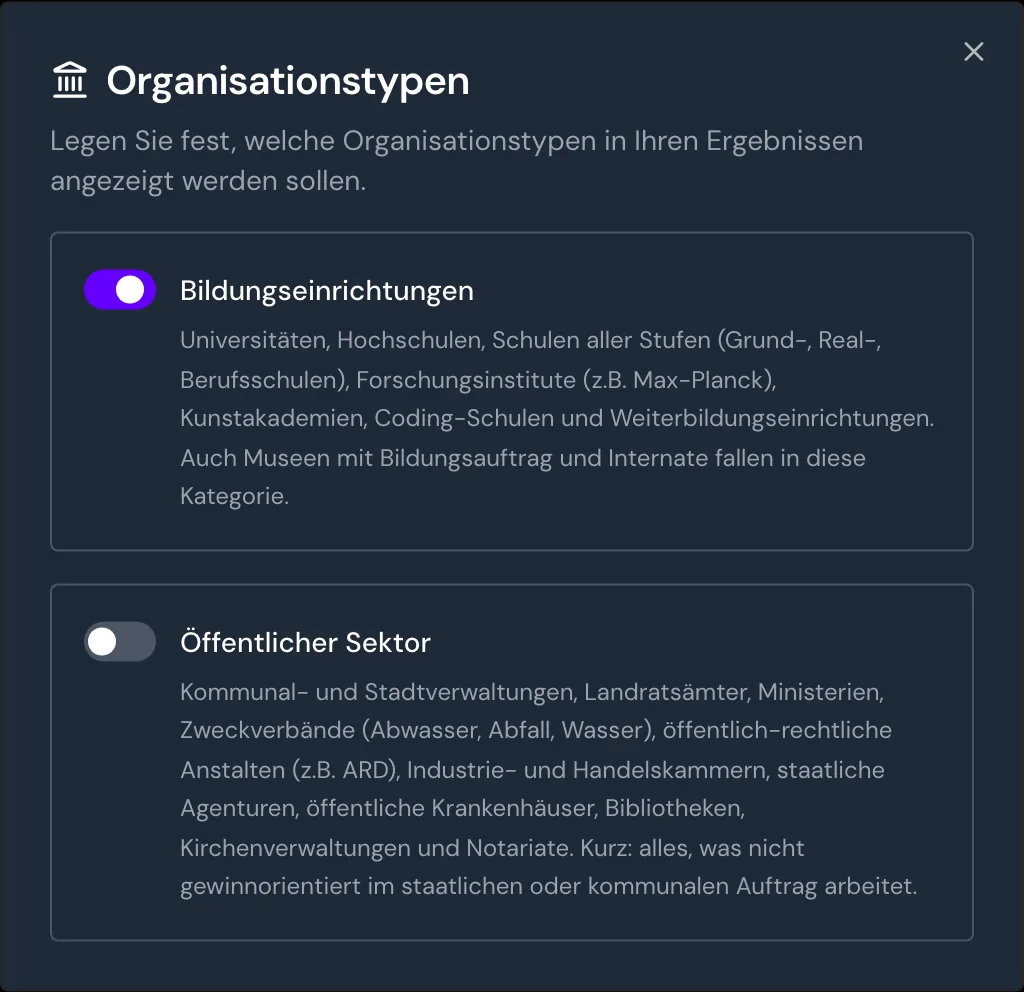 Das Fenster Organisationstypen mit eingeschalteten Bildungseinrichtungen und ausgeschaltetem öffentlichem Sektor