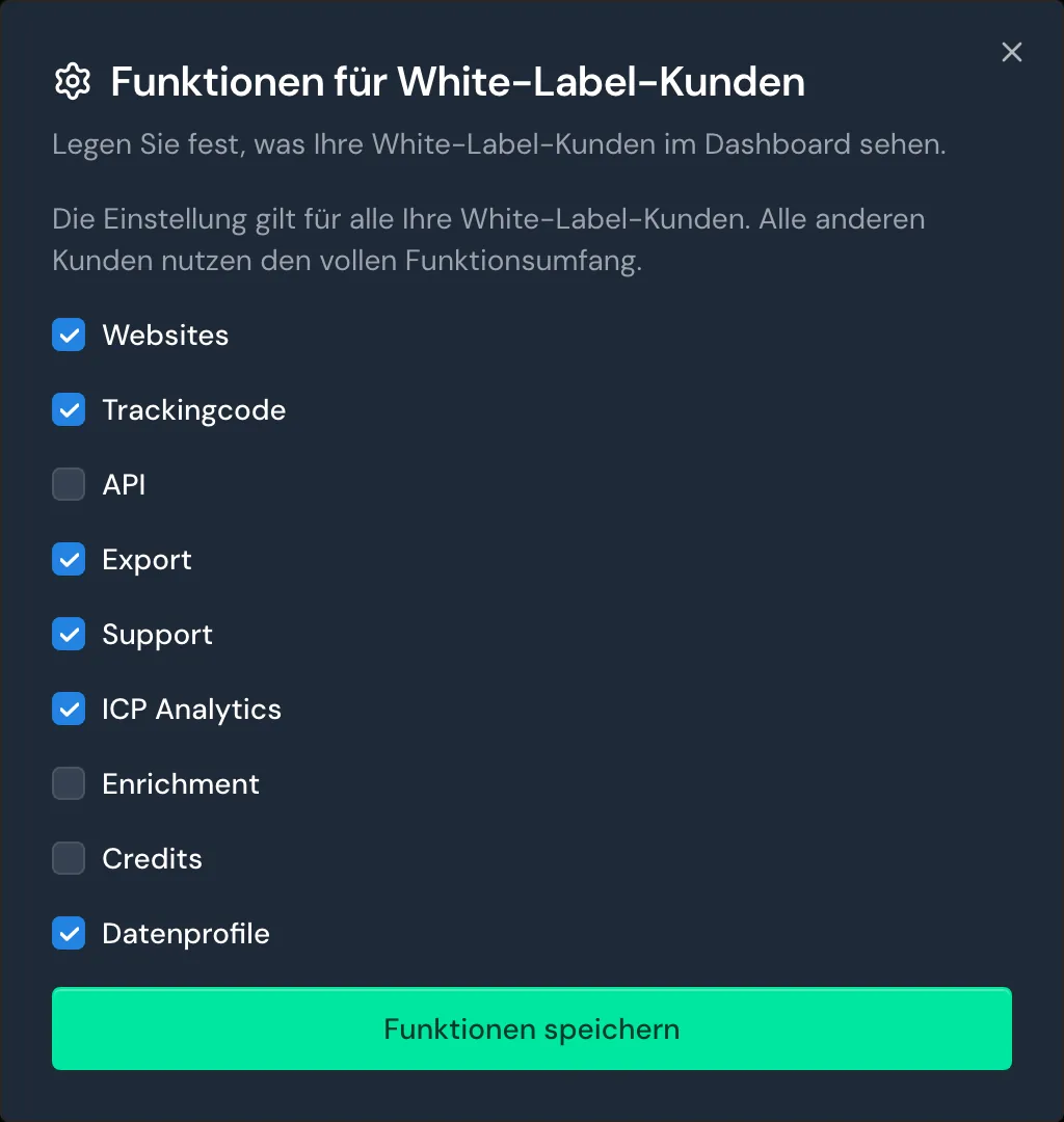 Das Fenster Funktionen für White-Label-Kunden mit neun Kästchen