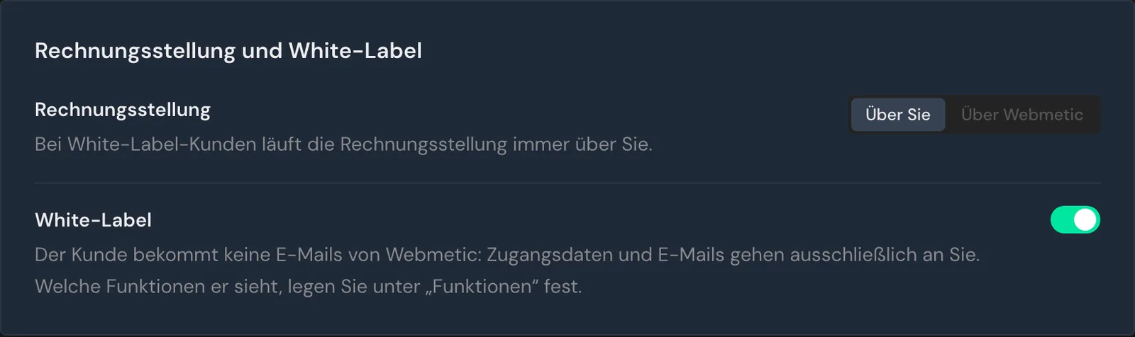 Der Abschnitt Rechnungsstellung und White-Label auf der Kundenseite bei einem White-Label-Kunden