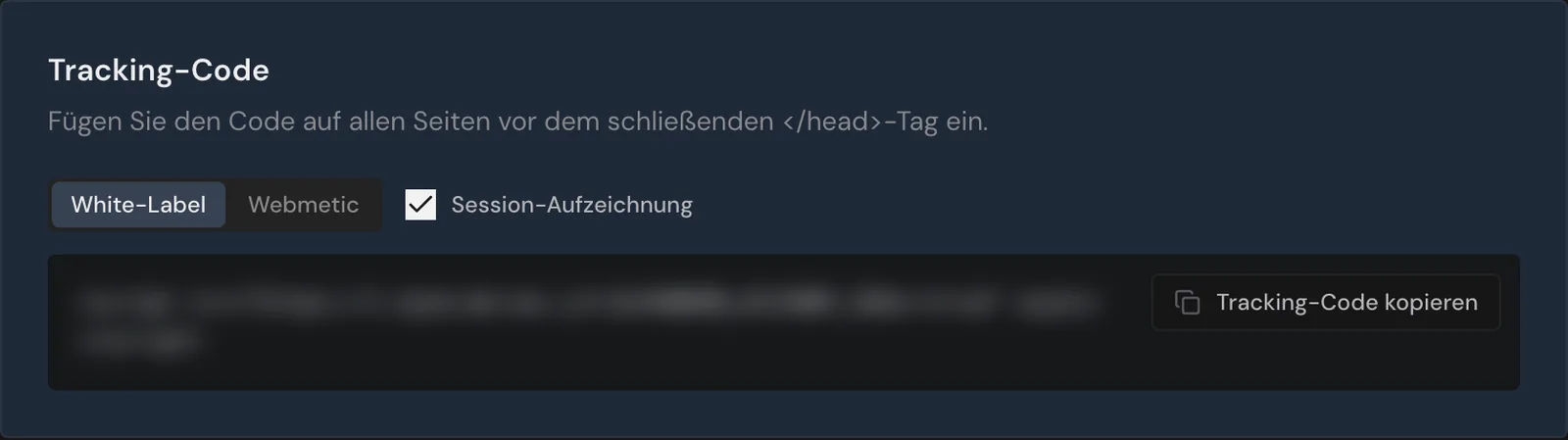 Der Abschnitt Tracking-Code auf der Kundenseite mit der Form White-Label