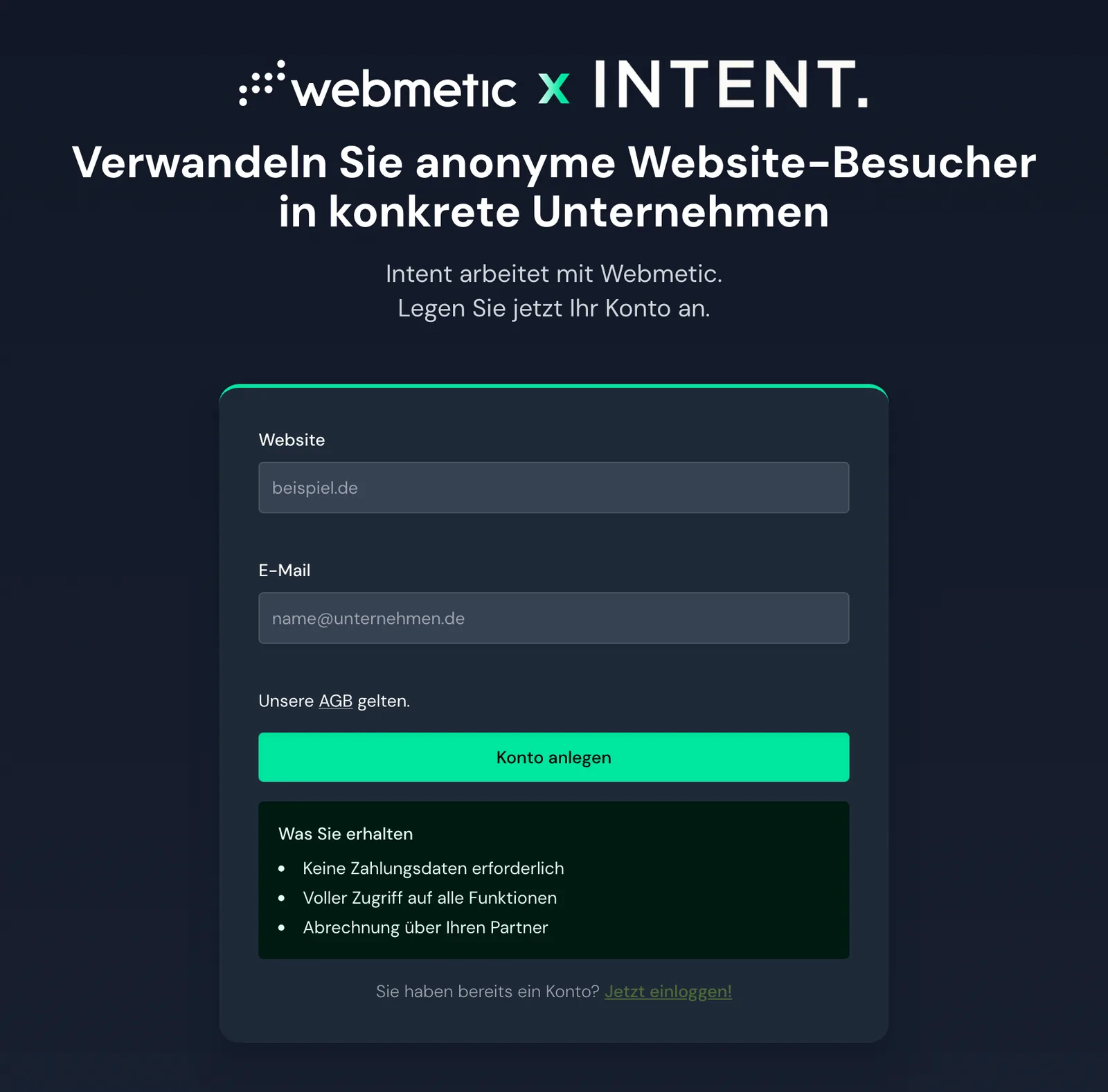 Die Partnerseite von Intent mit Logo, Überschrift und Formular zur Registrierung