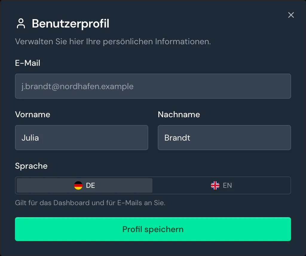 Das Fenster Benutzerprofil mit Name und Sprache