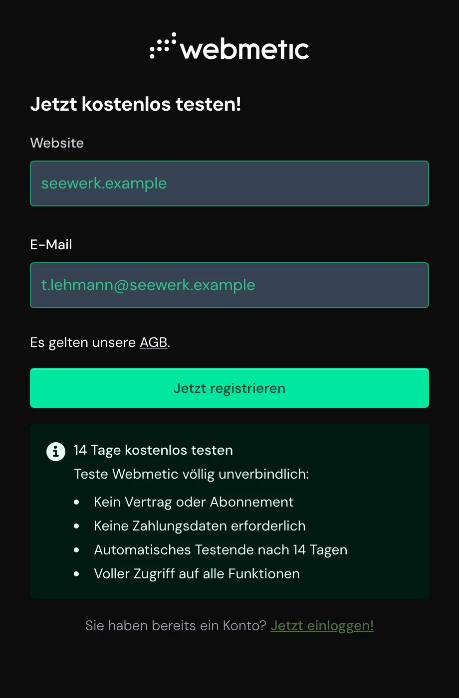 Die Registrierung mit den Feldern Website und E-Mail