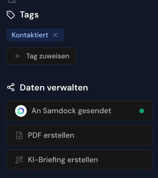 Der Bereich Daten verwalten mit der Schaltfläche An Samdock gesendet und grünem Punkt