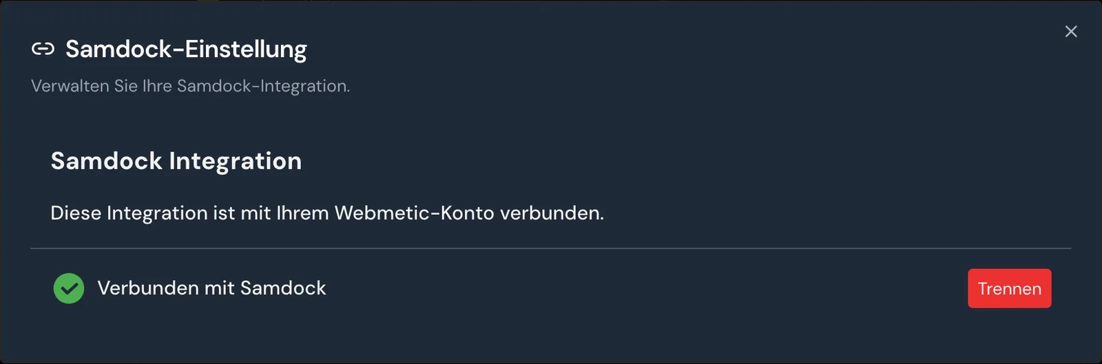 Das Fenster Samdock-Einstellung mit dem Status Verbunden mit Samdock