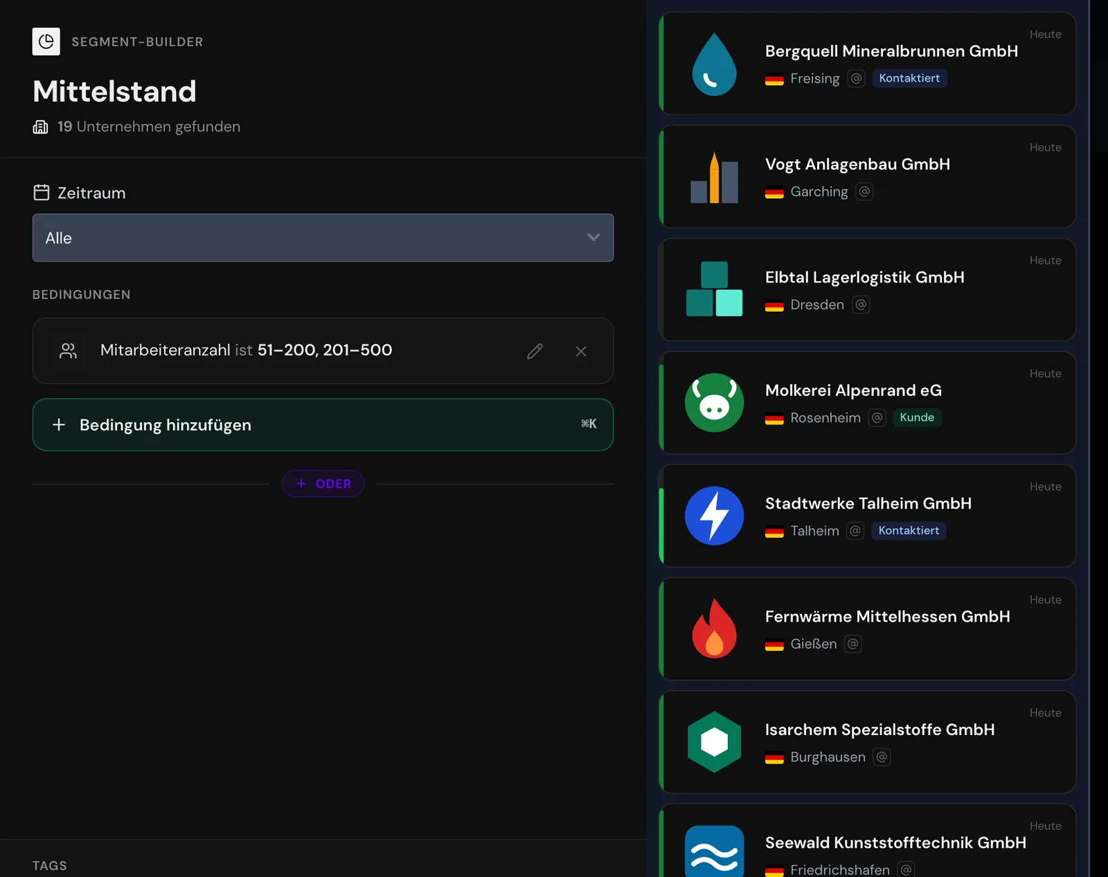 Der Segment-Builder mit einer Bedingung und der Zahl gefundener Unternehmen